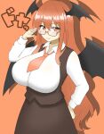  1girl :&gt; absurdres bat_wings bespectacled black_skirt black_vest breasts drop_shadow glasses hair_between_eyes hand_on_own_hip hand_up head_wings highres huge_breasts koakuma long_hair long_sleeves necktie red_background red_eyes red_hair red_necktie semi-rimless_eyewear shirokumall simple_background skirt solo touhou very_long_hair vest wing_collar wings 