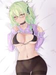  1girl antlers bed_sheet black_choker bra breasts ceres_fauna choker chyraliss closed_mouth clothes_lift glasses green_hair highres hololive hololive_english large_breasts long_hair long_sleeves looking_at_viewer lying navel pantyhose shirt_lift smile solo twintails underwear virtual_youtuber yellow_eyes 
