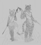  anthro balls canid canine clothing felid fox genitals hi_res jewelry male mammal melee_weapon pantherine penis polearm servali_sketch solo spear tiger translucent translucent_clothing weapon 