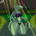  absurd_res anthro big_breasts breasts cosmosarts erect_nipples female fin fish forest forest_background gar_(fish) green_body green_skin grey_body hi_res inviting marine muscular muscular_female natural_breasts nature nature_background nipples plant scales solo tail tree 
