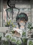  1girl absurdres black_eyes black_hair braid collared_shirt commentary crane_(machine) highres indoors long_hair myango_(applemangocrape) original plant potted_plant respirator shirt solo sunglasses twin_braids unworn_eyewear upper_body white_shirt 