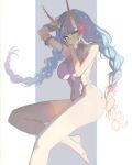  1girl alice_(s7nsles) blue_eyes blue_hair blush breasts closed_mouth gradient_hair highres horns large_breasts long_hair looking_at_viewer multicolored_hair navel original s7nsles simple_background solo thighhighs twintails 