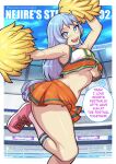  1girl :d arm_up bare_shoulders blue_eyes blue_hair boku_no_hero_academia breasts cheerleader crop_top english_text hadou_nejire hand_up large_breasts long_hair looking_at_viewer miniskirt navel open_mouth orange_skirt pink_footwear pleated_skirt pom_pom_(cheerleading) redjet shirt shoes skirt smile socks solo speech_bubble white_socks 