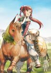  1boy 1girl aisha_(saga) breasts closed_mouth cotelier countdown dated full_body gray_(saga) green_eyes hair_ornament hat highres horse long_hair mountain open_mouth red_hair romancing_saga_minstrel_song saga side_slit smile twintails 