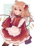  1girl alternate_costume animal_ear_fluff animal_ears apron black_thighhighs blonde_hair blush crystal enmaided fang flandre_scarlet frilled_apron frilled_skirt frills highres jersey_maid long_hair maid maid_apron one_side_up open_mouth red_eyes red_skirt skin_fang skirt sleeves_past_fingers sleeves_past_wrists solo thighhighs touhou touya_(konpekitou) unconventional_maid waist_apron white_apron wings 