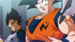  2boys 2others armor black_eyes black_hair clenched_teeth commentary_request dougi dragon_ball dragon_ball_super furrowed_brow holding holding_marker male_focus marker multiple_boys multiple_others muscular muscular_male rom_(20) son_goku sweatdrop teeth vegeta widow&#039;s_peak 