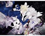  1boy 1girl ahoge artoria_pendragon_(fate) black_background blonde_hair blue_dress blue_ribbon braid braided_bun center_frills cross dress fate/grand_order fate_(series) flower flower_knot french_braid frills green_eyes hair_between_eyes hair_bun hair_ribbon hand_on_another&#039;s_face highres holding holding_staff hood hooded_robe long_hair long_sleeves merlin_(fate) misato_karuha purple_eyes ribbon robe saber sidelocks smile staff upper_body white_hair white_robe 