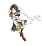  1girl black_hair black_skirt black_socks closed_mouth collared_shirt frilled_skirt frills full_body geta hair_between_eyes hand_fan hat hauchiwa highres holding holding_fan peroponesosu. pointy_ears pom_pom_(clothes) red_eyes red_footwear red_headwear shameimaru_aya shirt short_hair simple_background skirt smile socks solo tengu-geta tokin_hat touhou white_background white_shirt 