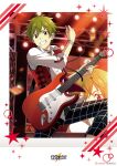  1boy akiyama_hayato bracelet collared_shirt electric_guitar fingernails green_hair guitar hair_between_eyes highres holding holding_instrument idolmaster idolmaster_side-m instrument jewelry looking_at_viewer male_focus official_art shirt smile solo stage_lights teeth 