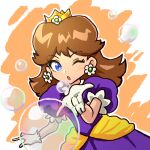  1girl alexcinders blue_eyes brown_hair bubble bubble_daisy crown dress earrings flower_earrings gloves jewelry looking_at_viewer mario_(series) medium_hair one_eye_closed open_mouth princess_daisy puffy_short_sleeves puffy_sleeves purple_dress short_sleeves solo standing super_mario_bros._wonder tomboy upper_body white_gloves 