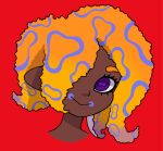  1girl dark-skinned_female dark_skin hair_over_one_eye highres looking_at_viewer moon-jelly5 multicolored_hair orange_hair portrait purple_eyes red_background simple_background smile solo splatoon_(series) splatoon_3 yoko_&amp;_the_gold_bazookas_trombonist 