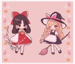  2girls :o ;d apron ascot black_hair black_headwear bow broom brown_eyes chibi commentary frilled_apron frilled_bow frilled_hair_tubes frilled_skirt frills full_body hair_bow hair_tubes hakurei_reimu hat hat_bow holding holding_broom kirisame_marisa long_hair long_sleeves mary_janes multiple_girls one_eye_closed open_mouth parted_bangs paw_print puffy_short_sleeves puffy_sleeves red_bow red_eyes red_skirt red_vest shirt shoes short_sleeves skirt smile socks symbol-only_commentary touhou turtleneck unfinished_dream_of_all_living_ghost very_long_hair vest waist_apron white_apron white_bow white_shirt white_sleeves white_socks wide_sleeves witch_hat yellow_ascot yujup 