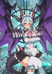  1girl amorphous apron blue_hair blush camera chaos_ruler_the_chaotic_magical_dragon dragon_girl dragon_horns dragon_tail dragon_wings frilled_apron frills garter_straps heart heart_hands highres horns maid maid_apron maid_headdress personification shoes solo standing standing_on_one_leg sweat tail thighhighs wings yu-gi-oh! 