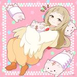  1girl brown_eyes brown_hair cat_pillow chicken_costume closed_mouth commentary_request full_body highres long_hair looking_at_viewer mitya nogi_sonoko notice_lines object_hug pink_background simple_background smile solo starry_background yuuki_yuuna_wa_yuusha_de_aru yuusha_de_aru 