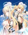  2girls ahoge artoria_caster_(fate) artoria_caster_(swimsuit)_(fate) artoria_pendragon_(fate) bikini blonde_hair blue_eyes breasts closed_mouth cloud cloudy_sky fate/grand_order fate_(series) flower green_eyes grey_hair hair_flower hair_ornament large_breasts long_sleeves looking_at_viewer morgan_le_fay_(fate) multiple_girls official_art open_mouth sky small_breasts swimsuit takeuchi_takashi twintails uvula white_bikini white_flower 