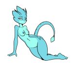  anthro blue_body blue_nipples blue_skin breasts fan_character female fours_(artist) gecko genitals hand_on_hip hi_res lizard looking_at_viewer lying nipples orange_eyes pussy reptile scalie skitter_the_gecko slim solo 