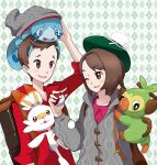  1boy 1girl argyle argyle_background arm_up backpack bag beanie bob_cut brown_bag brown_eyes brown_hair buttons cable_knit cardigan collared_dress commentary dress gloria_(pokemon) green_headwear grey_cardigan grey_headwear grookey hand_up hat highres holding holding_poke_ball hooded_cardigan on_head open_mouth pink_dress plumsmoke poke_ball poke_ball_(basic) pokemon pokemon_(creature) pokemon_(game) pokemon_on_head pokemon_swsh red_shirt scorbunny shirt short_hair sleeves_rolled_up smile sobble starter_pokemon_trio swept_bangs tam_o&#039;_shanter victor_(pokemon) 