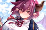  1girl artist_name blazer blue_jacket center_frills close-up cloud collar dragon_girl dragon_horns dragon_wings frilled_collar frills granblue_fantasy grea_(shingeki_no_bahamut) hair_between_eyes horns jacket multicolored_hair neck_ribbon open_clothes open_jacket pink_hair pointy_ears putimaxi red_eyes red_ribbon ribbon shirt short_hair sky solo streaked_hair white_shirt wings 