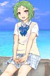  1girl :d ahoge alternate_costume blue_bow blue_skirt bow cloud collared_shirt elf green_hair highres interlocked_fingers looking_at_viewer mizumori_keiichi mushoku_tensei ocean open_mouth outdoors own_hands_together pointy_ears red_eyes shirt short_hair sitting skirt sky smile solo sweater sweater_vest sylphiette_(mushoku_tensei) water white_shirt white_sweater 