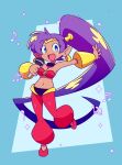  absurd_res blue_eyes breasts cleavage clothed clothing female footwear genie hair hi_res humanoid humanoid_pointy_ears long_hair looking_at_viewer microphone musical_note not_furry open_mouth open_smile ponytail purple_hair shantae shantae_(series) simple_background smile solo wayforward yuki_oto 