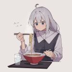  1girl black_dress blue_eyes blush bowl braid chopsticks closed_mouth cup dress drinking_glass food grey_hair highres holding holding_chopsticks holding_spoon kizuna_akari long_hair long_sleeves minatsuki_(m1natsuk1) noodles ramen shirt solo spoon twin_braids voiceroid water white_shirt 