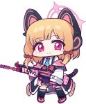  1girl absurdres animal_ear_headphones animal_ears assault_rifle battle_rifle black_skirt black_thighhighs blonde_hair blue_archive blue_necktie bow chibi closed_mouth collared_shirt fake_animal_ears full_body gun h&amp;k_g3 hair_bow halo headphones highres holding holding_gun holding_weapon jacket long_sleeves looking_at_viewer momoi_(blue_archive) necktie off_shoulder panatisia pink_footwear purple_eyes red_bow rifle shirt shoes sidelocks simple_background skirt sleeves_past_wrists smile solo standing suspender_skirt suspenders tail thighhighs weapon white_background white_jacket white_shirt wide_sleeves 