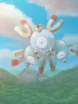  blue_sky building cloud creature floating forest hill kid-ippo magnet magneton nature no_humans outdoors pokemon pokemon_(creature) screw sky sunlight 