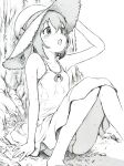  1girl blush bow dress graphite_(medium) hat hat_bow hat_ribbon highres itano_chiharu legs m_legs monochrome open_mouth outdoors panties pantyshot ribbon simple_background sitting solo traditional_media underwear yama_no_susume yukimura_aoi 