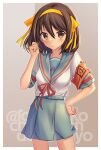  1girl absurdres armband belt blue_belt blue_sailor_collar blue_skirt bob_cut border brown_eyes brown_hair closed_mouth commentary_request cowboy_shot hair_ribbon hairband hand_on_hip highres kita_high_school_uniform looking_at_viewer medium_hair outside_border paperclip red_armband red_ribbon ribbon rokochandayo sailor_collar school_uniform serafuku short_sleeves skirt solo standing summer_uniform suzumiya_haruhi suzumiya_haruhi_no_yuuutsu white_border yellow_hairband yellow_ribbon 