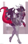  &lt;3 anthro black_body black_scales clothing dark_phyhore_(artist) dragon girly horn legwear maid_uniform male phyore red_tail scales solo tail thigh_highs uniform wings 