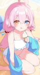  1girl :q ahoge beach bikini blue_archive blue_eyes blush commentary cream_on_body fingernails flat_chest food frilled_bikini frills hair_between_eyes heterochromia highres holding hoshino_(blue_archive) hoshino_(swimsuit)_(blue_archive) ice_cream inuyama_nanami long_hair looking_at_viewer low_twintails official_alternate_costume pink_hair sand sitting solo sweat swimsuit tongue tongue_out twintails white_bikini yellow_eyes 