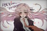  1girl black_jacket black_ribbon blush braid collared_shirt danganronpa:_trigger_happy_havoc danganronpa_(series) dress_shirt grey_background grey_eyes grey_hair hair_ribbon highres jacket kirigiri_kyoko looking_at_viewer necktie open_clothes open_jacket open_mouth orange_necktie ribbon shirt side_braid single_braid solo translation_request upper_body yochilyee 