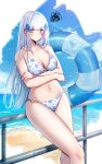  1girl beach bikini blue_sky cloud cross_hair_ornament day facial_mark floral_print floral_print_bikini girls&#039;_frontline green_eyes hair_ornament highres hk416_(girls&#039;_frontline) innertube ksartworks long_hair o-ring o-ring_bikini o-ring_bottom o-ring_top ocean print_bikini sky solo squiggle swimsuit teardrop teardrop_facial_mark teardrop_tattoo very_long_hair white_hair 