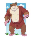  2023 absurd_res anthro bashful bathrobe bathrobe_only border clothing cloud cricetid embarrassed feet grass grin hamster hamsterinboxers hi_res looking_at_viewer male mammal manly musclegut muscular navel nipples open_bathrobe pecs plant red_bathrobe robe rodent slightly_chubby smile solo standing white_border 