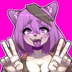  anthro black_hair breasts cleavage clothed clothing felid female front_view gesture hair komenuka_inaho low_res mammal open_mouth pantherine purple_eyes purple_hair purple_tongue smile solo tiger tongue tongue_out upper_body v_sign zeno_(komenuka_inaho) 