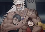  &gt;_&lt; 3boys arm_hair arms_around_neck bara beard black_tank_top braid character_request chest_hair clenched_teeth dark-skinned_male dark_skin facial_hair final_fantasy final_fantasy_xiv frown glasses goatee headband highres hyur jewelry jitome large_pectorals long_hair looking_at_viewer lyon_rem_helsos male_focus mature_male multiple_boys muscular muscular_male mustache necklace notesonlyonpii old old_man pectorals scar scar_across_eye scar_on_face scar_on_nose side_braid single_braid tank_top teeth tooth_necklace tribal upper_body warrior_of_light_(ff14) white_hair white_headband 