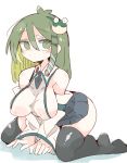  1girl ass bad_anatomy bare_shoulders black_thighhighs blue_skirt blush breasts closed_mouth detached_sleeves frog_hair_ornament green_eyes green_hair hair_between_eyes hair_ornament highres japanese_clothes kochiya_sanae large_breasts long_hair massakasama nontraditional_miko skirt snake_hair_ornament solo thighhighs touhou white_sleeves wide_sleeves 