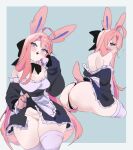  anthro anus barely_visible_anus big_butt blue_eyes bottomless breasts butt clothed clothing clothing_lift dress dress_lift eeveelution female front_view fur generation_6_pokemon genitals hair hi_res legwear long_ears maid_uniform marzipantwt nintendo pink_hair pokemon pokemon_(species) pussy sitting sketch solo stockings sylveon uniform white_body white_fur 