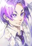  1boy absurdres blue_lock closed_mouth collared_shirt commentary_request highres lapels looking_at_viewer male_focus mikage_reo necktie notched_lapels open_collar partial_commentary purple_eyes purple_hair shirt short_hair solo upper_body white_shirt yune525neko 
