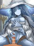  1girl absurdres bar_censor blue_eyes blue_skin breasts candle censored cloak colored_skin convenient_censoring cracked_skin elden_ring extra_arms extra_faces frown fur_cloak girl_on_top handjob hat highres large_hat leogust medium_breasts mosaic_censoring no_nipples no_panties one_eye_closed penis ranni_the_witch textless_version underboob witch_hat 