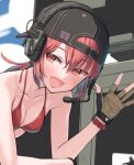  1girl backwards_hat baseball_cap commentary_request earphones earpiece fang fingerless_gloves gloves hat headgear headpiece karcer_grey korean_text partially_fingerless_gloves red_eyes red_hair samaru_(seiga) smile tomboy 