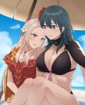  2girls beach_umbrella bikini black_bikini black_choker blue_hair blue_sky breasts byleth_(female)_(fire_emblem) byleth_(fire_emblem) choker cleavage cloud commentary_request day edelgard_von_hresvelg feet_out_of_frame fire_emblem fire_emblem:_three_houses fire_emblem_heroes hair_between_eyes inuzuka_nr knees_up large_breasts long_hair multiple_girls official_alternate_costume one-piece_swimsuit parted_lips purple_eyes red_one-piece_swimsuit sitting sky stomach swimsuit thighs umbrella very_long_hair white_hair yuri 