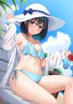  1girl bare_shoulders bikini black_hair blue_bikini blue_bow blue_eyes blue_sky blurry blurry_foreground bow breasts closed_mouth cloud collarbone commentary_request cup day depth_of_field drink drinking_glass drinking_straw feet_out_of_frame flower hair_between_eyes hat hat_bow highres ice ice_cube jacket komori_kuzuyu long_sleeves looking_at_viewer medium_breasts navel off_shoulder open_clothes open_jacket original outdoors puffy_long_sleeves puffy_sleeves red_flower rivier_(kuzuyu) see-through short_hair side-tie_bikini_bottom sky sleeves_past_wrists solo sun_hat swimsuit white_headwear white_jacket 