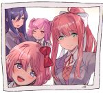  4girls :d arm_around_shoulder artist_name averting_eyes blazer blush border bow bowtie brown_hair brown_sweater_vest close-up closed_mouth commentary doki_doki_literature_club green_eyes grey_jacket grin hair_bow hair_ornament hair_ribbon hand_up head_tilt highres jacket kokomi_(aniesuakkaman) light_smile long_hair looking_ahead looking_at_viewer monika_(doki_doki_literature_club) multiple_girls natsuki_(doki_doki_literature_club) neck_ribbon one_eye_closed open_mouth photo_(object) pink_eyes pink_hair ponytail portrait purple_eyes purple_hair red_bow red_bowtie red_ribbon ribbon sayori_(doki_doki_literature_club) school_uniform selfie shirt short_hair sidelocks signature simple_background smile sweatdrop sweater_vest teeth two_side_up upper_teeth_only v very_long_hair white_background white_border white_bow white_ribbon white_shirt x_hair_ornament yuri_(doki_doki_literature_club) 