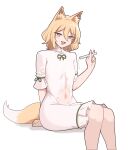  1girl :d absurdres animal_ear_fluff animal_ears arm_support blonde_hair breasts bright_pupils covered_navel feet_out_of_frame fox_ears fox_tail green_ribbon highres knees_together_feet_apart kudamaki_tsukasa looking_at_viewer mata_(matasoup) medium_hair open_mouth pouring pouring_onto_self ribbon see-through simple_background sitting sleeves_past_elbows small_breasts smile solo tail test_tube touhou wet wet_clothes white_background white_pupils white_romper yellow_eyes 