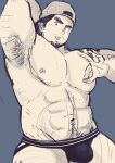 1boy :p abs absurdres armpit_hair armpits backwards_hat bara belly bulge cowboy_shot goatee_stubble greyscale_with_colored_background hat highres jockstrap kosuke_(ksk11ksk11) large_pectorals looking_at_viewer male_focus male_underwear mature_male muscular muscular_male navel navel_hair nipple_tweak nipples original pectorals plump presenting_armpit short_hair sideburns_stubble solo thick_eyebrows thick_thighs thighs tongue tongue_out topless_male tweaking_own_nipple underwear 