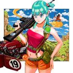  1girl absurdres aqua_hair bare_arms blue_eyes blunt_bangs border breasts bulma cleavage collarbone cowboy_shot dragon_ball dragon_ball_(classic) dragon_ball_(object) gun hair_bobbles hair_ornament hand_on_hip highres holding holding_gun holding_weapon long_hair medium_breasts midriff nagase_jp navel one_side_up orange_shorts outside_border red_shirt rifle shirt short_shorts shorts solo son_goku standing stomach strapless strapless_shirt suspender_shorts suspenders weapon white_border 