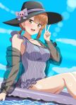  1girl :d black_headwear black_jacket blue_sky blush bow breasts brown_hair commentary_request dars_(recolors) day hat hat_bow highres isshiki_iroha jacket large_breasts looking_at_viewer medium_hair one-piece_swimsuit open_mouth outdoors purple_bow purple_one-piece_swimsuit see-through see-through_jacket sky smile solo striped striped_one-piece_swimsuit swimsuit teeth upper_teeth_only v vertical-striped_one-piece_swimsuit vertical_stripes yahari_ore_no_seishun_lovecome_wa_machigatteiru. yellow_eyes 