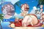  1girl :d ahoge animal_print anklet ass azur_lane bare_shoulders barefoot beach bikini bird bird_print blue_sky blush braid brown_eyes brown_hair character_name chick cloud copyright_name day dragon_girl dragon_horns dragon_tail expressions fang feet frilled_bikini frills from_behind hair_ribbon highres hiranuma_(azur_lane) horns index_finger_raised inflatable_crab izuru_(timbermetal) jewelry kneeling long_hair looking_at_viewer looking_back manjuu_(azur_lane) nail_polish natori_(azur_lane) ocean official_alternate_costume official_art open_mouth outdoors palm_leaf palm_tree parted_bangs pointy_ears ponytail red_nails ribbon sand sky smile smug soles solo_focus swimsuit tail thighs tree v-shaped_eyebrows water white_ribbon 