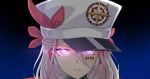  1girl android barcode barcode_tattoo epic_seven expressionless hat landy_(epic_seven) lowres non-web_source peaked_cap red_ribbon ribbon shining tattoo 